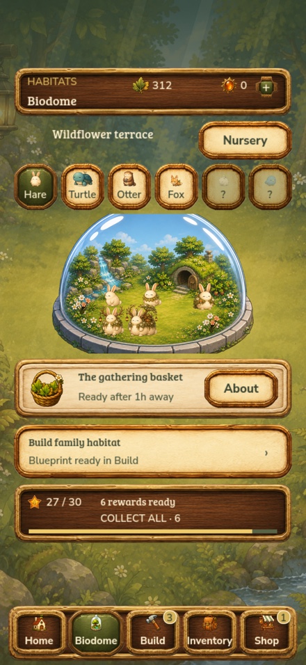 The Biodome collection screen with a glass-domed hare habitat