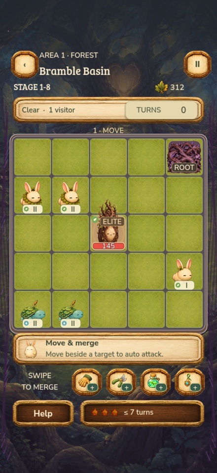 A forest puzzle stage showing the five by five creature board